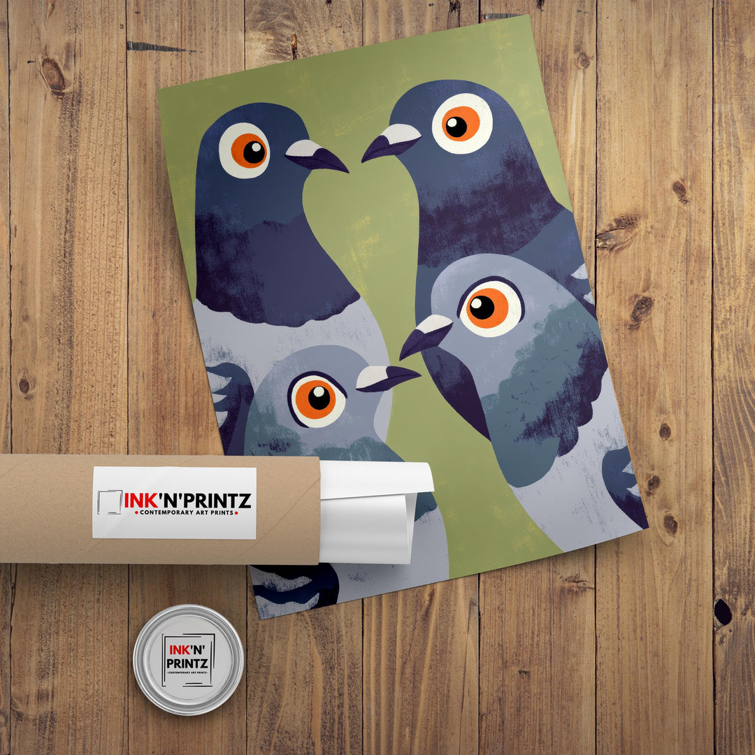 Pigeons Art Print Retro Midcentury Pop Style Wall Poster for Kitchen Dining Room or Eclectic Urban Home Decor
