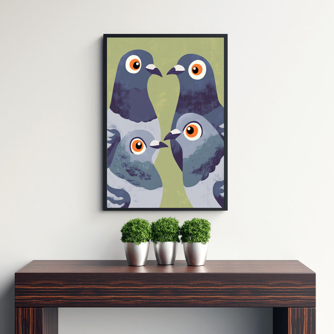Pigeons Art Print Retro Midcentury Pop Style Wall Poster for Kitchen Dining Room or Eclectic Urban Home Decor