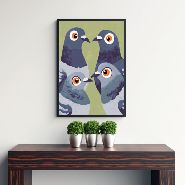 Pigeons Art Print Retro Midcentury Pop Style Wall Poster for Kitchen Dining Room or Eclectic Urban Home Decor