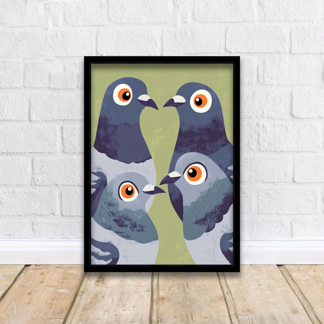 Pigeons Art Print Retro Midcentury Pop Style Wall Poster for Kitchen Dining Room or Eclectic Urban Home Decor