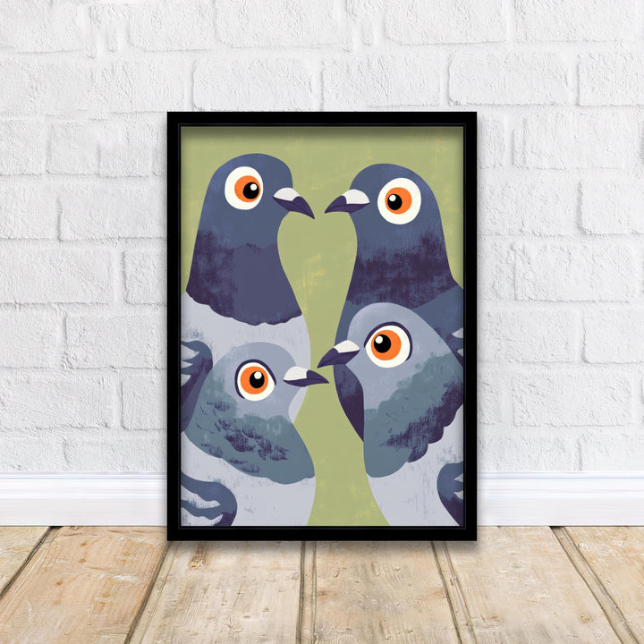 Pigeons Art Print Retro Midcentury Pop Style Wall Poster for Kitchen Dining Room or Eclectic Urban Home Decor