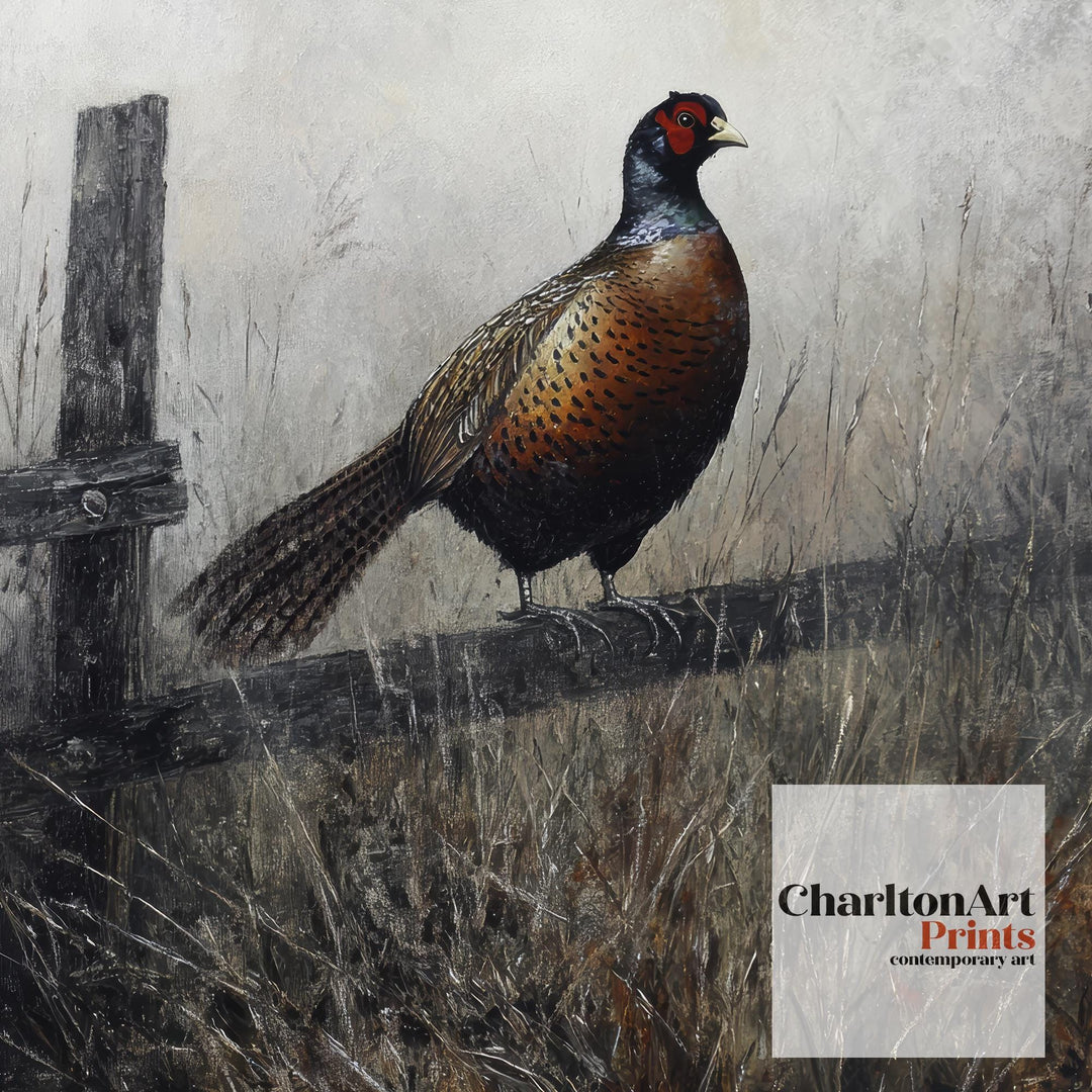 Pheasant In Misty Meadow Poster Cottagecore Nature Art Vintage Rustic Wildlife Illustration Enchanted Countryside Wall Art