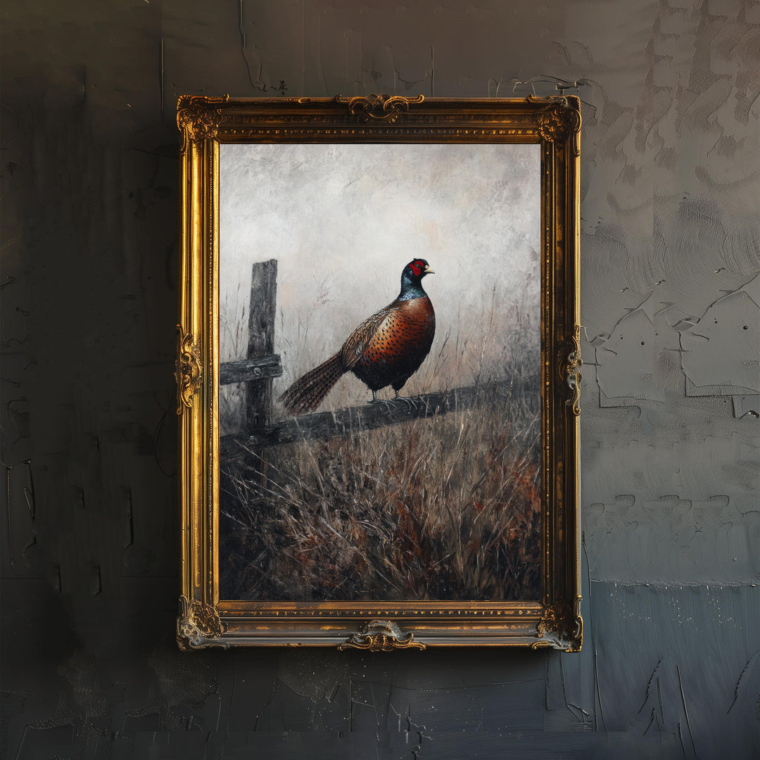 Pheasant In Misty Meadow Poster Cottagecore Nature Art Vintage Rustic Wildlife Illustration Enchanted Countryside Wall Art