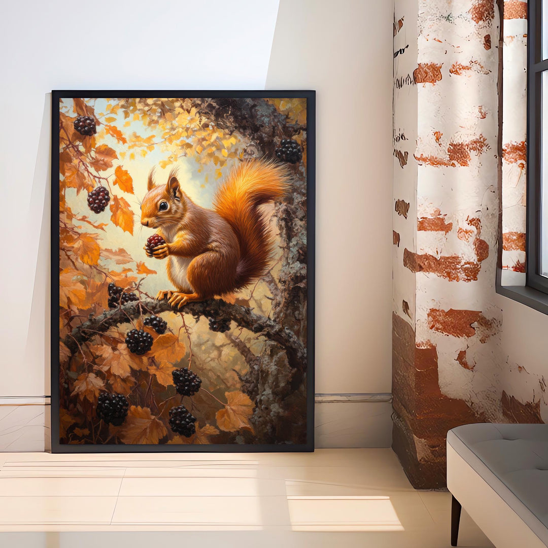 Red Squirrel In Autumn Brambles Poster Cottagecore Nature Art Vintage Rustic Woodland Wildlife Illustration Wall Art
