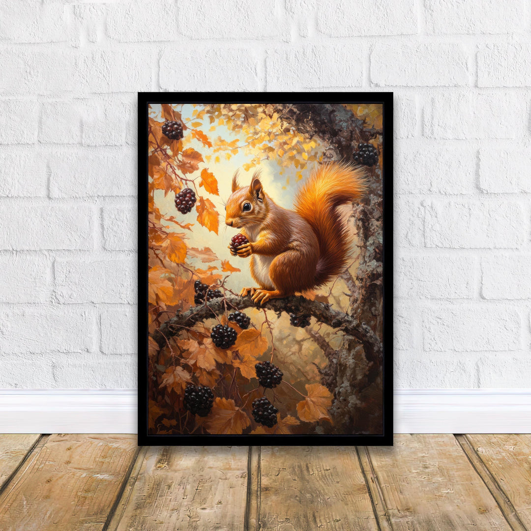 Red Squirrel In Autumn Brambles Poster Cottagecore Nature Art Vintage Rustic Woodland Wildlife Illustration Wall Art
