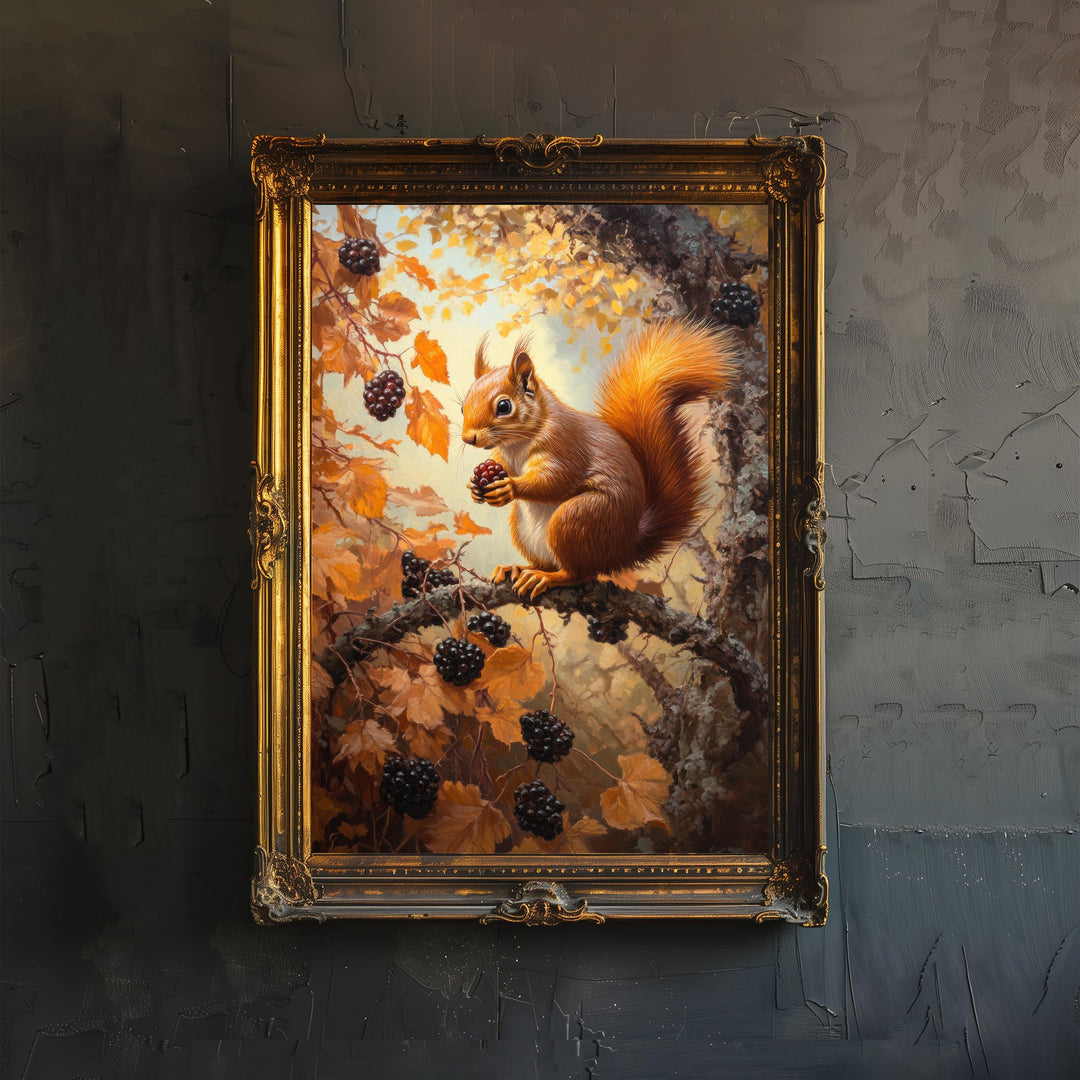 Red Squirrel In Autumn Brambles Poster Cottagecore Nature Art Vintage Rustic Woodland Wildlife Illustration Wall Art