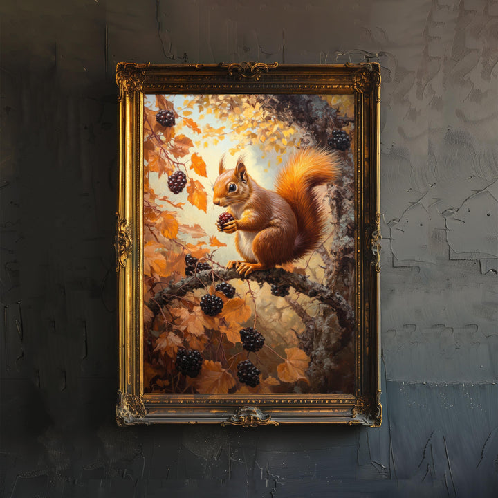 Red Squirrel In Autumn Brambles Poster Cottagecore Nature Art Vintage Rustic Woodland Wildlife Illustration Wall Art