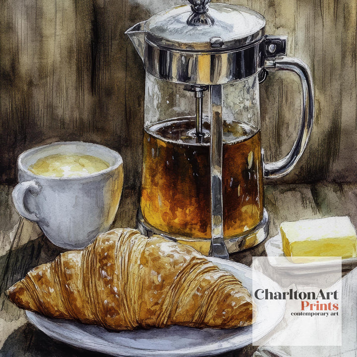 Morning Coffee and Croissant Poster Cottagecore Cafe Art Vintage Rustic Kitchen Illustration Breakfast Wall Decor