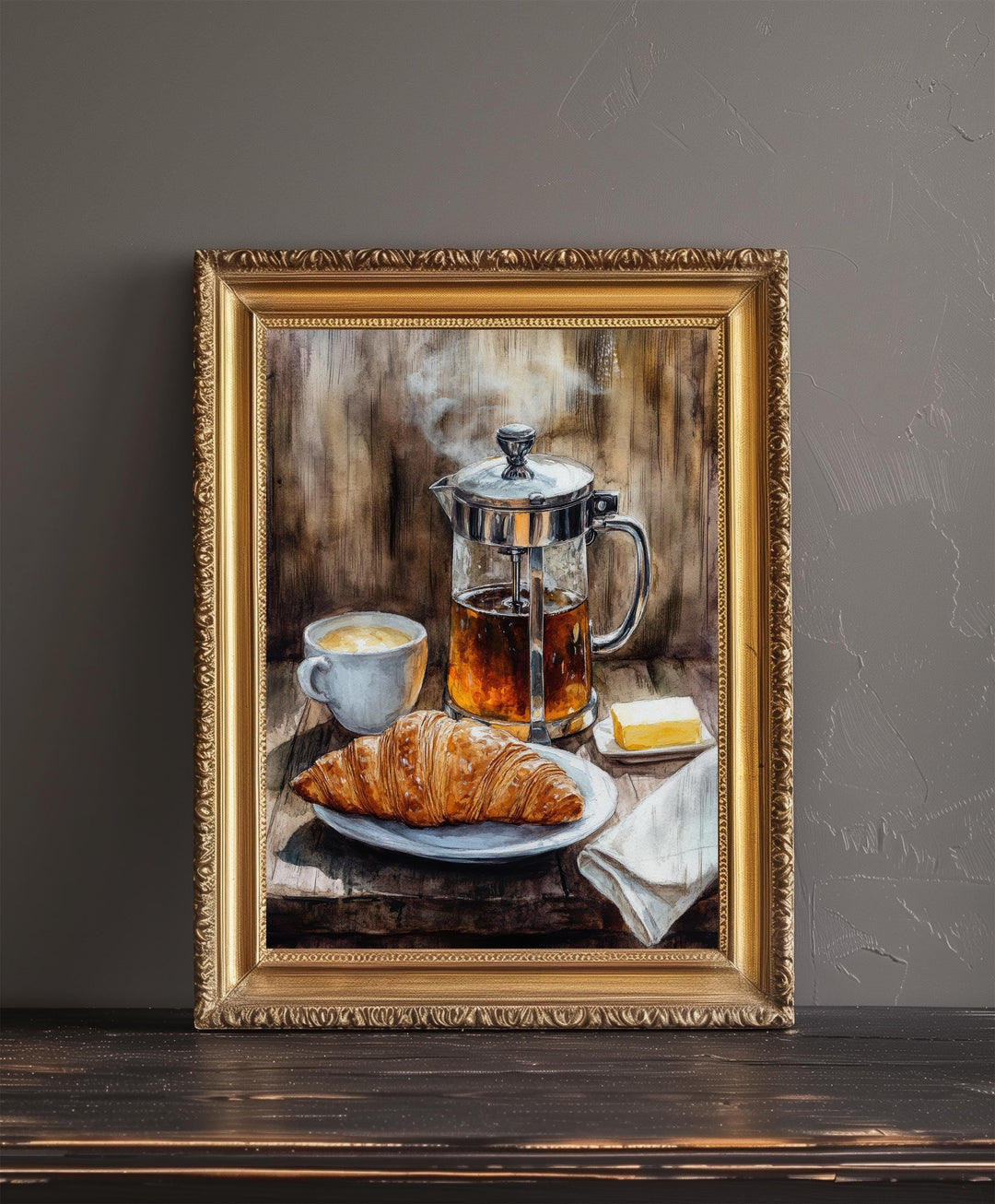 Morning Coffee and Croissant Poster Cottagecore Cafe Art Vintage Rustic Kitchen Illustration Breakfast Wall Decor