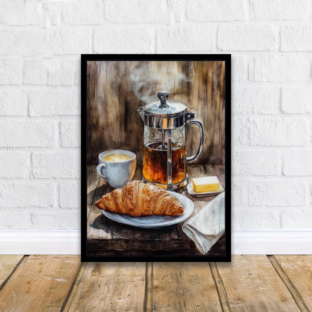 Morning Coffee and Croissant Poster Cottagecore Cafe Art Vintage Rustic Kitchen Illustration Breakfast Wall Decor