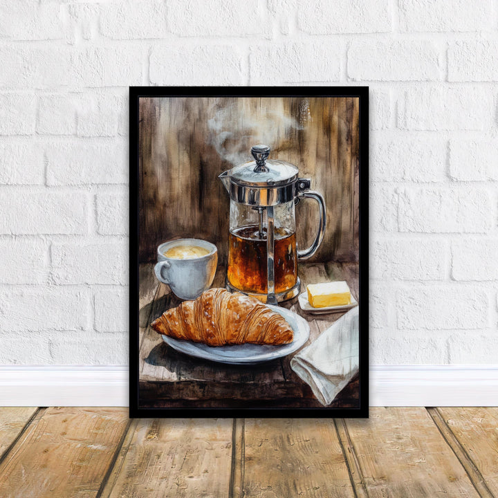 Morning Coffee and Croissant Poster Cottagecore Cafe Art Vintage Rustic Kitchen Illustration Breakfast Wall Decor