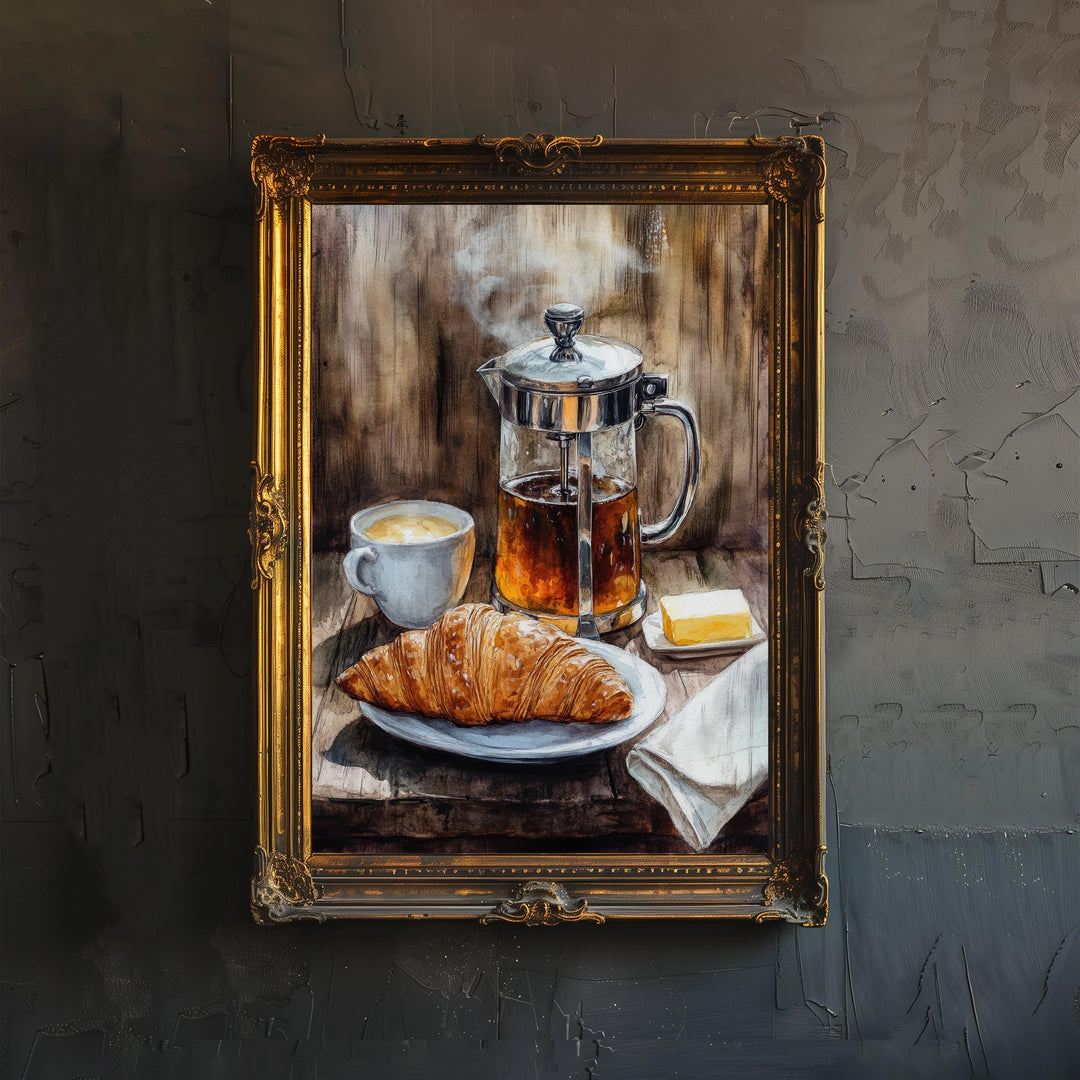 Morning Coffee and Croissant Poster Cottagecore Cafe Art Vintage Rustic Kitchen Illustration Breakfast Wall Decor
