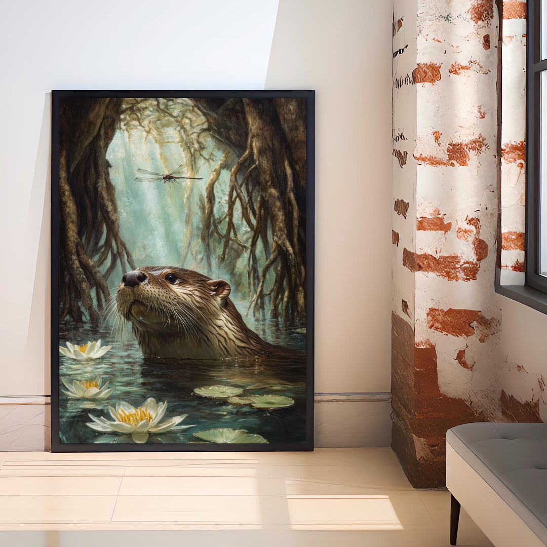Otter Beneath Willow Roots Poster Cottagecore Decor Rustic Wildlife Illustration Enchanted Riverbank Wall Art