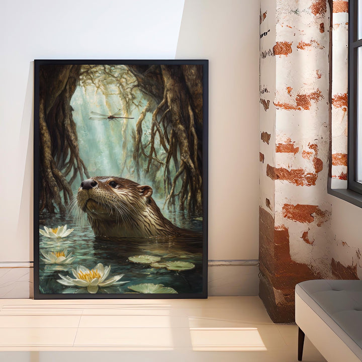 Otter Beneath Willow Roots Poster Cottagecore Decor Rustic Wildlife Illustration Enchanted Riverbank Wall Art