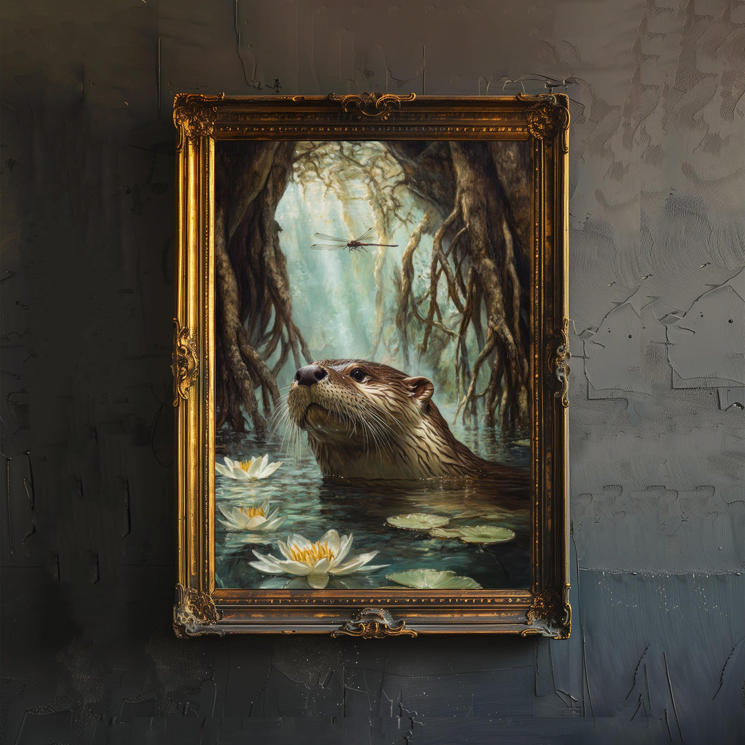 Otter Beneath Willow Roots Poster Cottagecore Decor Rustic Wildlife Illustration Enchanted Riverbank Wall Art