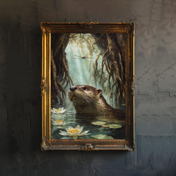 Otter Beneath Willow Roots Poster Cottagecore Decor Rustic Wildlife Illustration Enchanted Riverbank Wall Art
