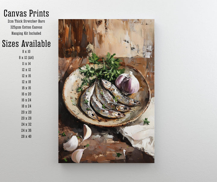 Plate of Sardines Poster Rustic Kitchen Wall Art Coastal Decor Vintage Food Illustration Mediterranean Cuisine Print