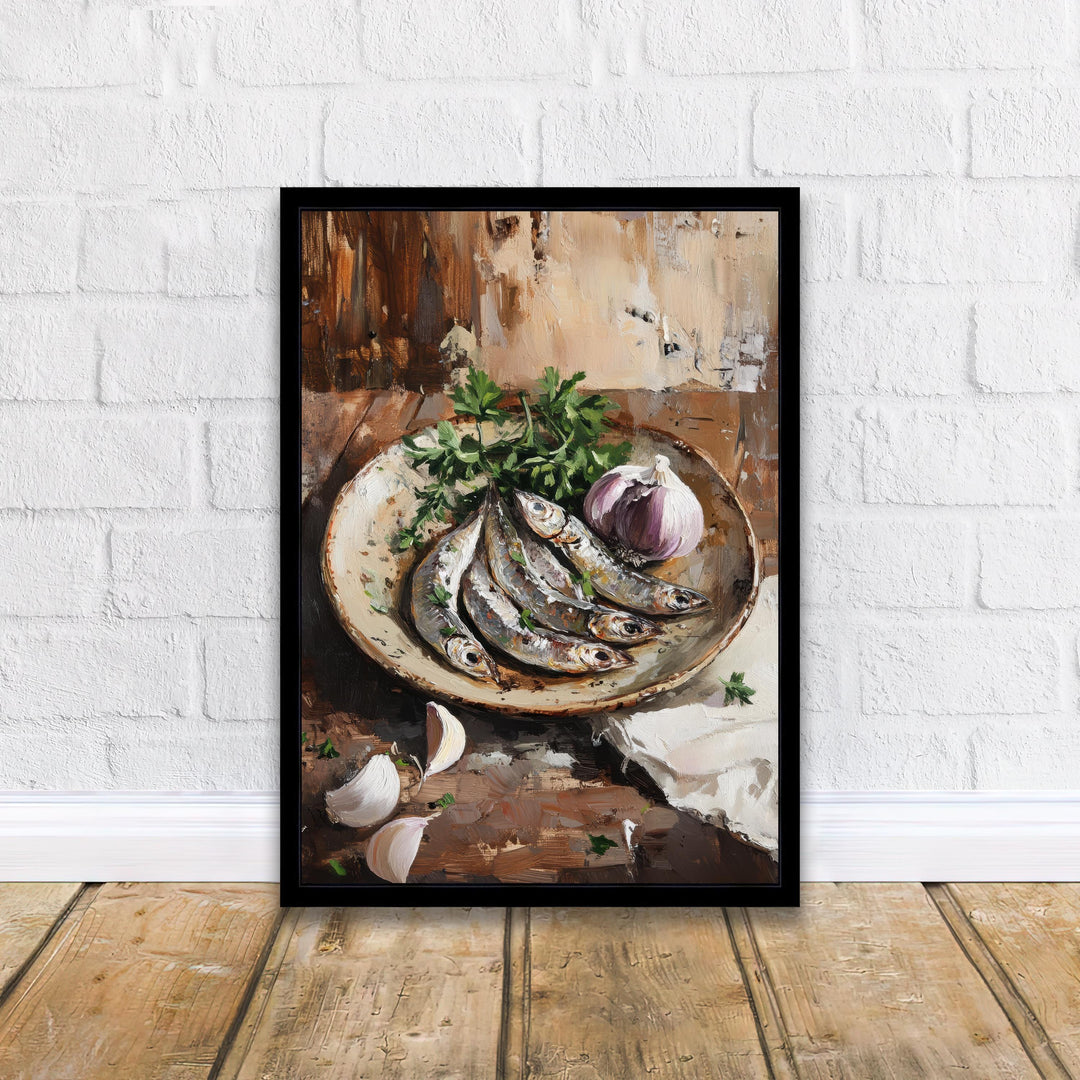 Plate of Sardines Poster Rustic Kitchen Wall Art Coastal Decor Vintage Food Illustration Mediterranean Cuisine Print