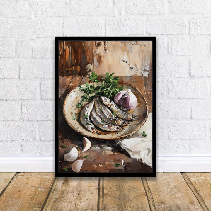 Plate of Sardines Poster Rustic Kitchen Wall Art Coastal Decor Vintage Food Illustration Mediterranean Cuisine Print