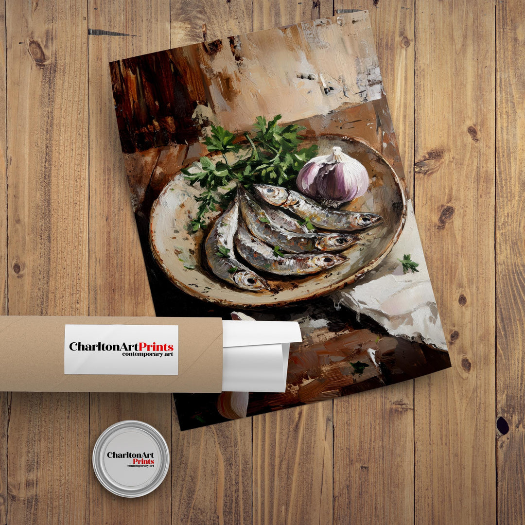 Plate of Sardines Poster Rustic Kitchen Wall Art Coastal Decor Vintage Food Illustration Mediterranean Cuisine Print