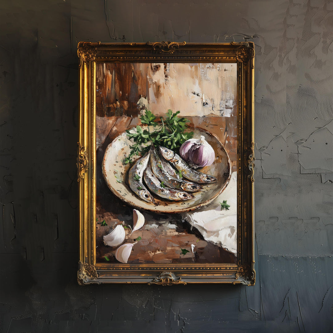 Plate of Sardines Poster Rustic Kitchen Wall Art Coastal Decor Vintage Food Illustration Mediterranean Cuisine Print
