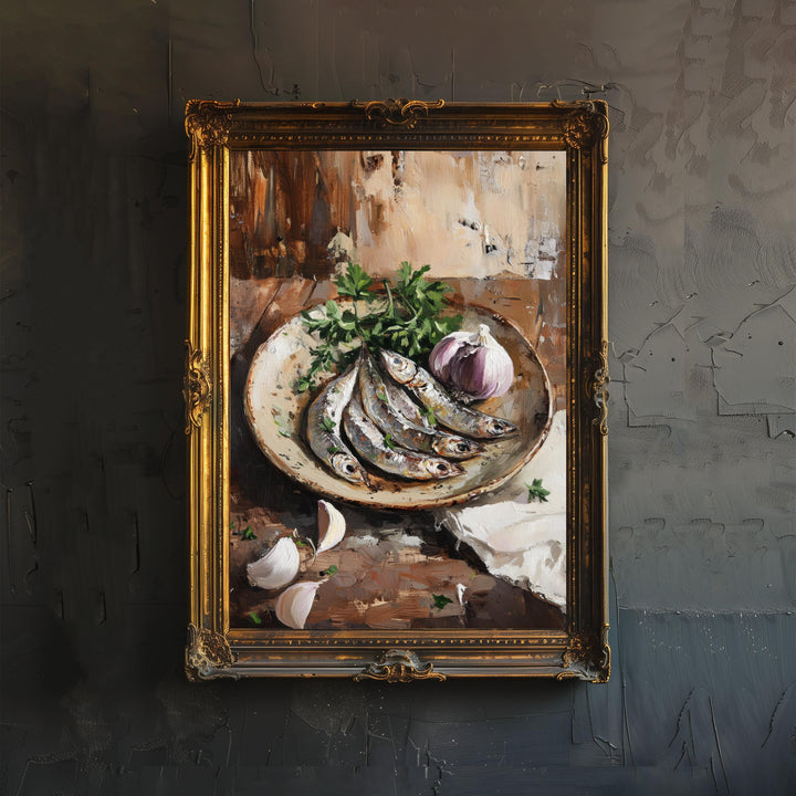 Plate of Sardines Poster Rustic Kitchen Wall Art Coastal Decor Vintage Food Illustration Mediterranean Cuisine Print