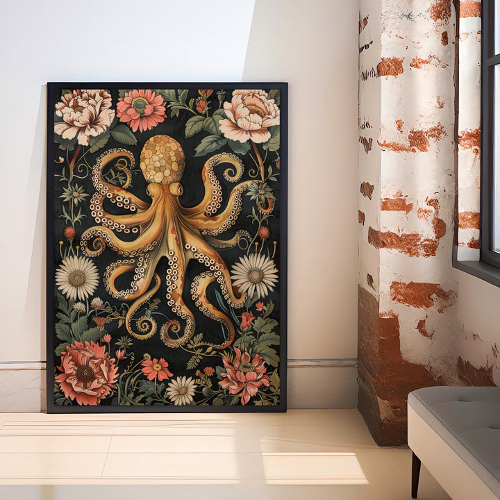 William Morris Octopus Poster Coastal Cottage Decor Vintage Marine Life Art Ornate Sea Creature Illustration
