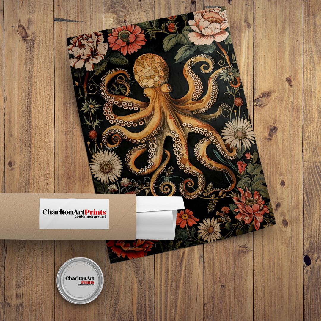 William Morris Octopus Poster Coastal Cottage Decor Vintage Marine Life Art Ornate Sea Creature Illustration