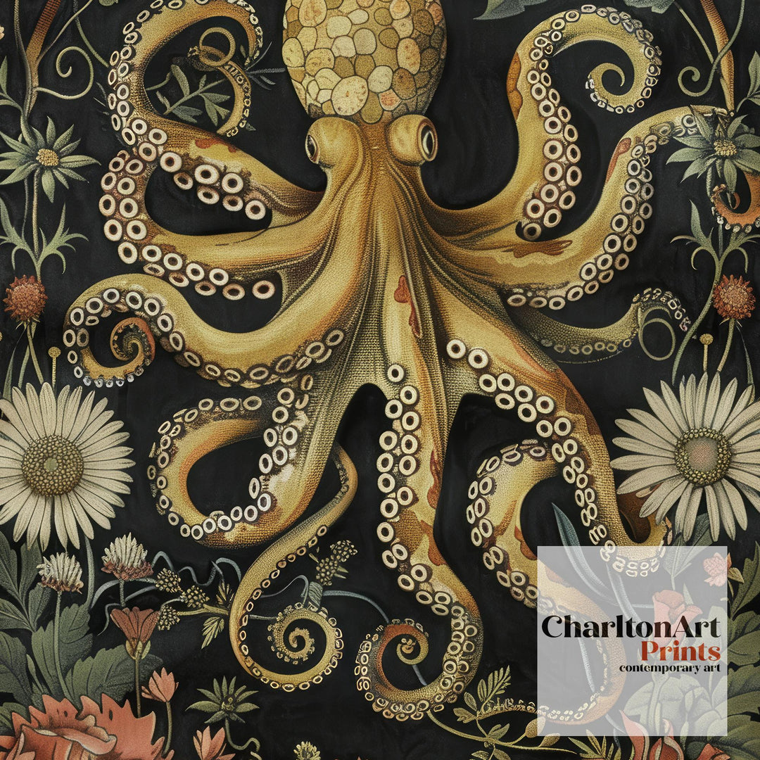 William Morris Octopus Poster Coastal Cottage Decor Vintage Marine Life Art Ornate Sea Creature Illustration