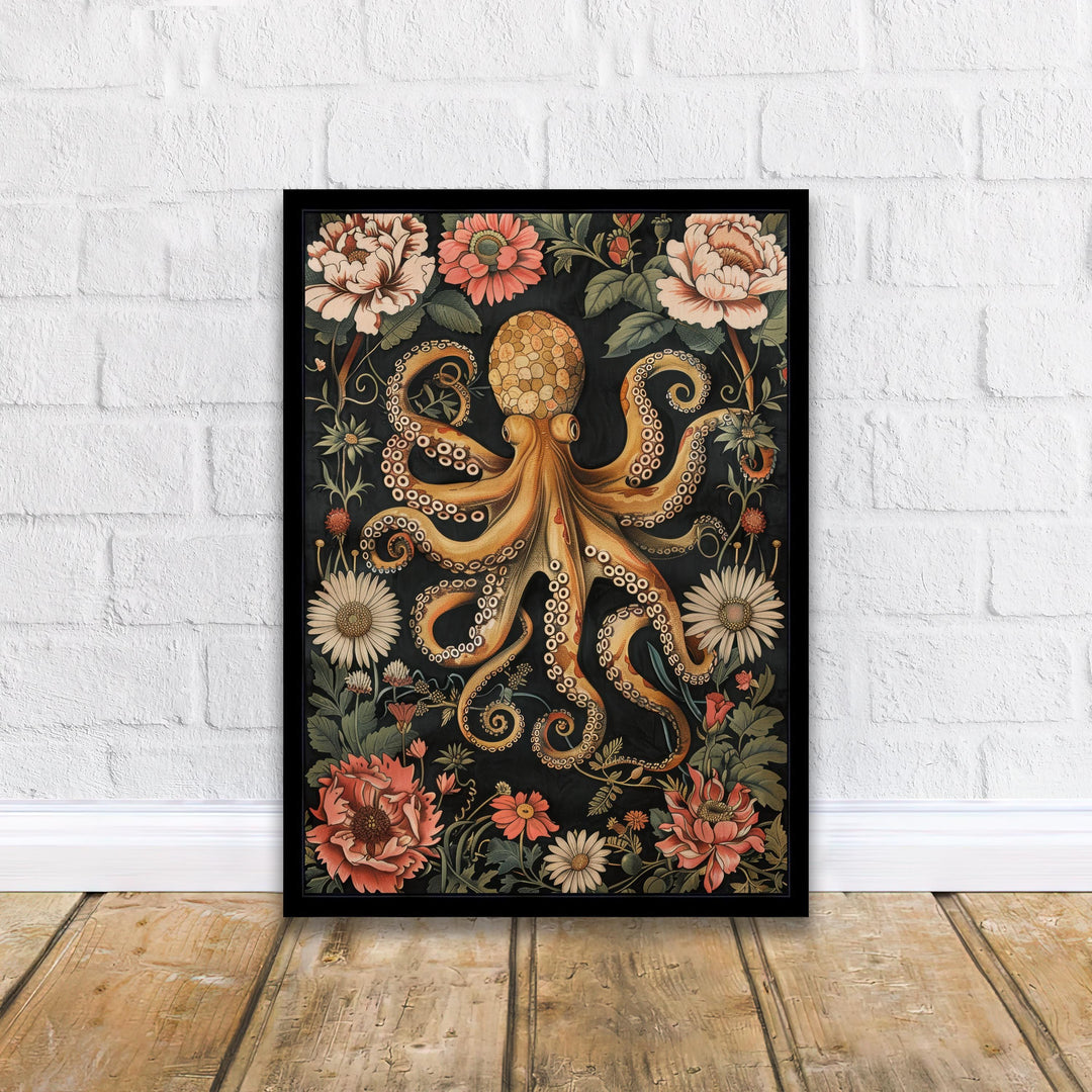 William Morris Octopus Poster Coastal Cottage Decor Vintage Marine Life Art Ornate Sea Creature Illustration