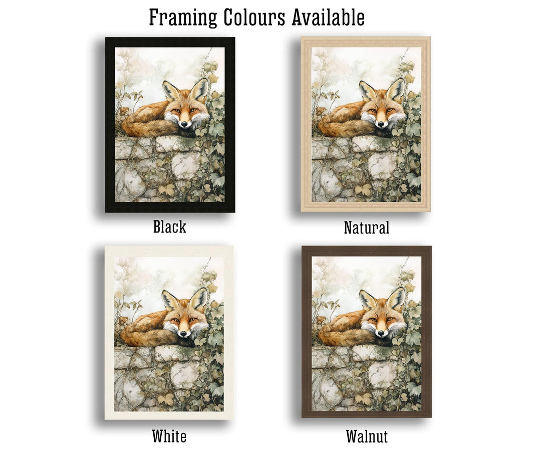 Fox on a Stone Wall Watercolour Cottagecore Decor Rustic Wildlife Illustration Enchanted Garden Wall Art