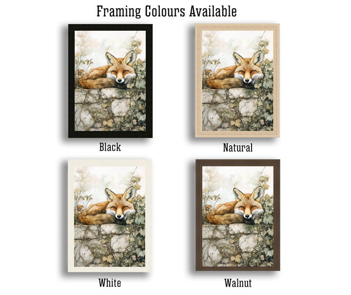 Fox on a Stone Wall Watercolour Cottagecore Decor Rustic Wildlife Illustration Enchanted Garden Wall Art