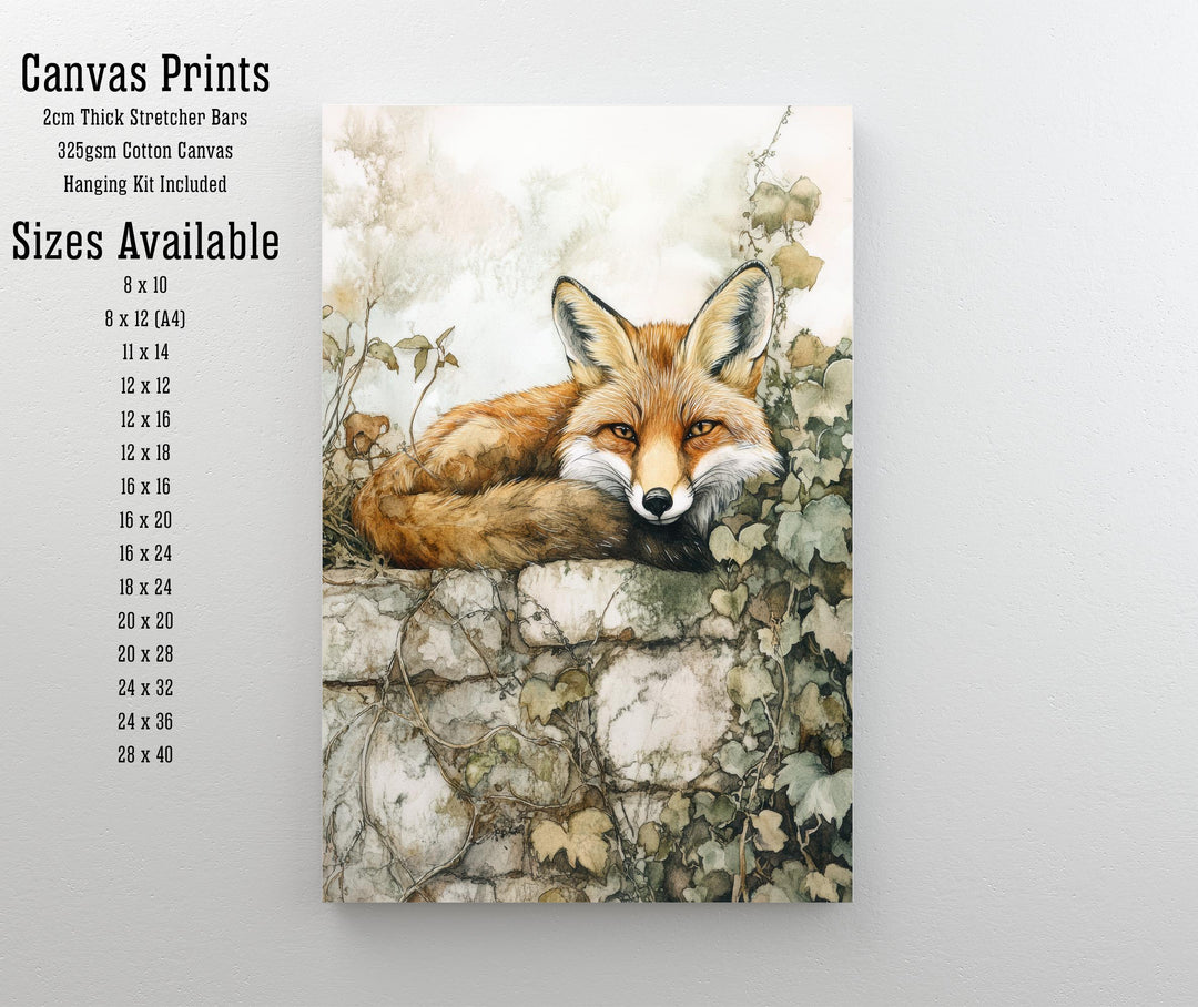 Fox on a Stone Wall Watercolour Cottagecore Decor Rustic Wildlife Illustration Enchanted Garden Wall Art