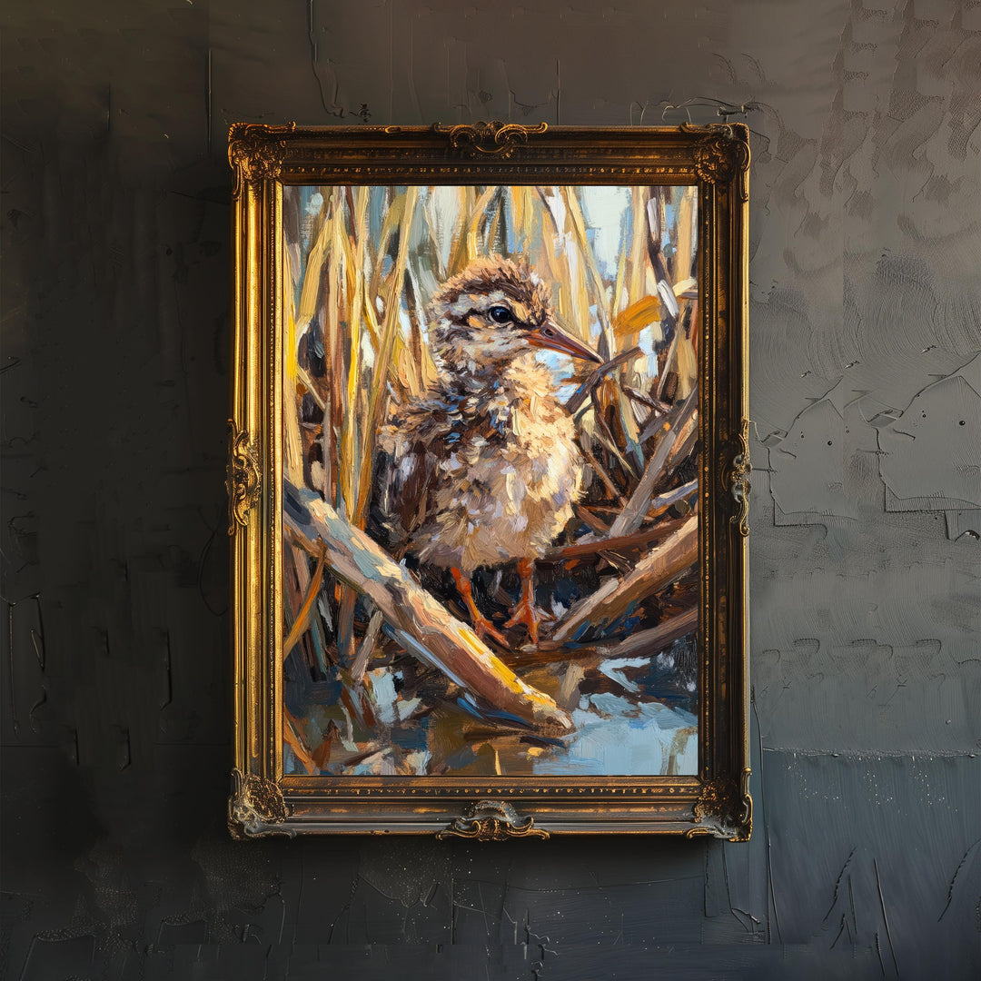 Curlew Chick In Reeds Poster Cottagecore Nature Art Vintage Rustic Bird Illustration Coastal Wall Decor