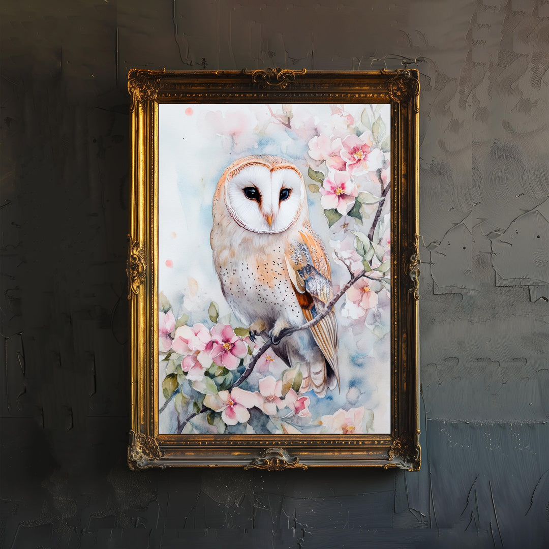 Barn Owl Watercolour Poster Cottagecore Decor Vintage Bird Illustration Floral Wall Art Enchanted Woodland Print