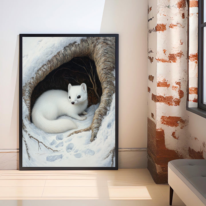 Winter Stoat in Tree Hollow Poster Cottagecore Winter Art Rustic Wildlife Illustration Snowy Woodland Decor