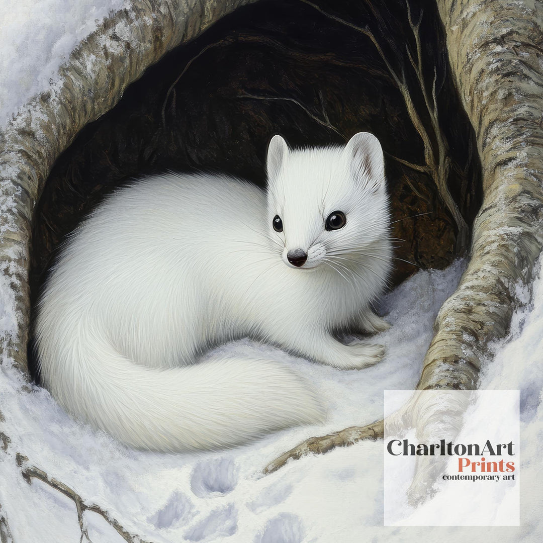 Winter Stoat in Tree Hollow Poster Cottagecore Winter Art Rustic Wildlife Illustration Snowy Woodland Decor