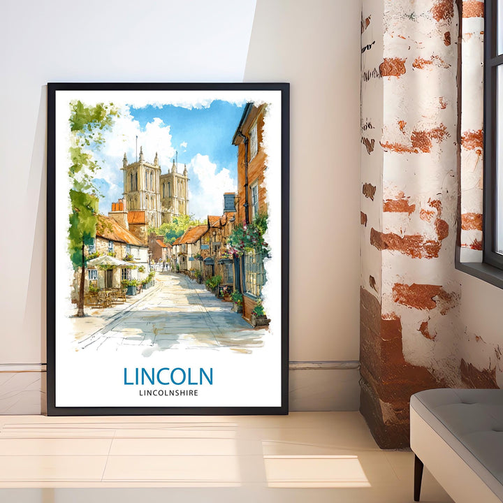 Lincoln Cathedral Watercolor Art Print, UK Cityscape Painting, Steep Hill Wall Decor, Medieval History Gift