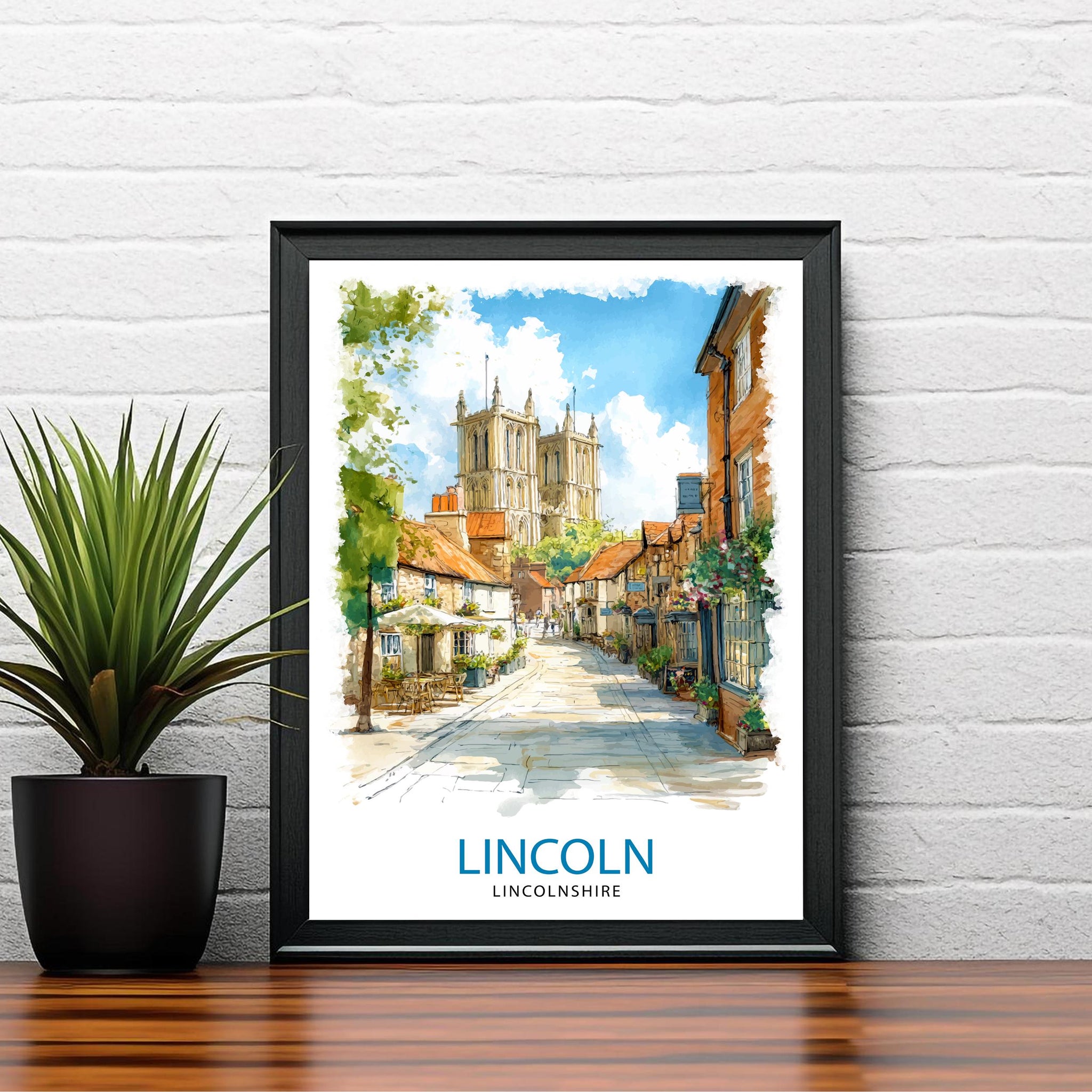 Lincoln Cathedral Watercolor Art Print, UK Cityscape Painting, Steep Hill Wall Decor, Medieval History Gift