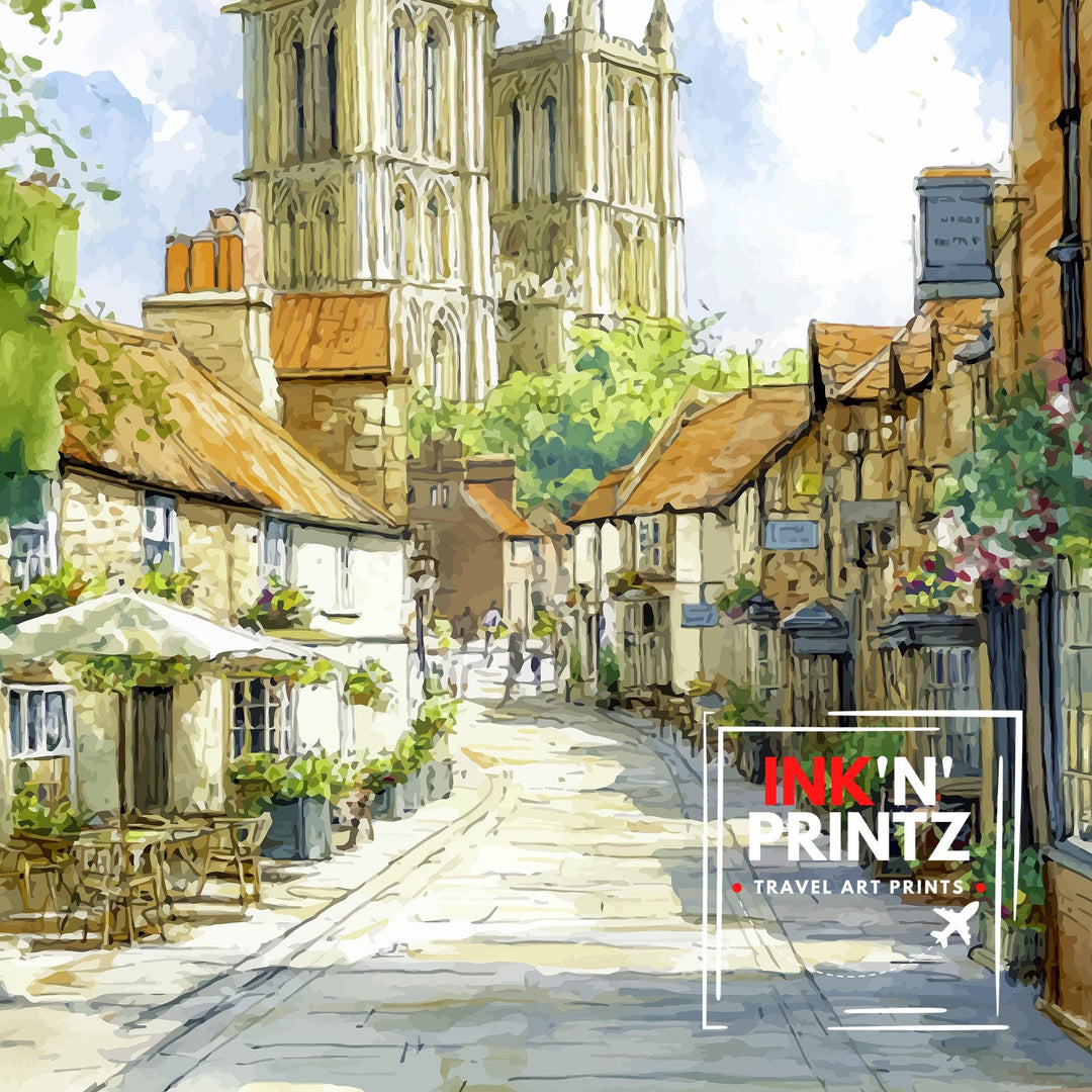 Lincoln Cathedral Watercolor Art Print, UK Cityscape Painting, Steep Hill Wall Decor, Medieval History Gift