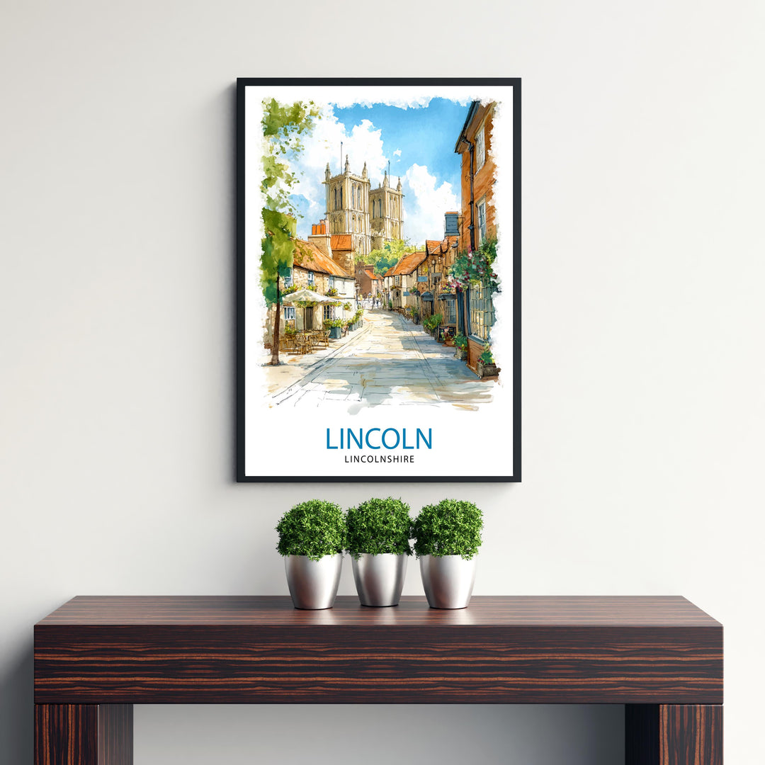 Lincoln Cathedral Watercolor Art Print, UK Cityscape Painting, Steep Hill Wall Decor, Medieval History Gift