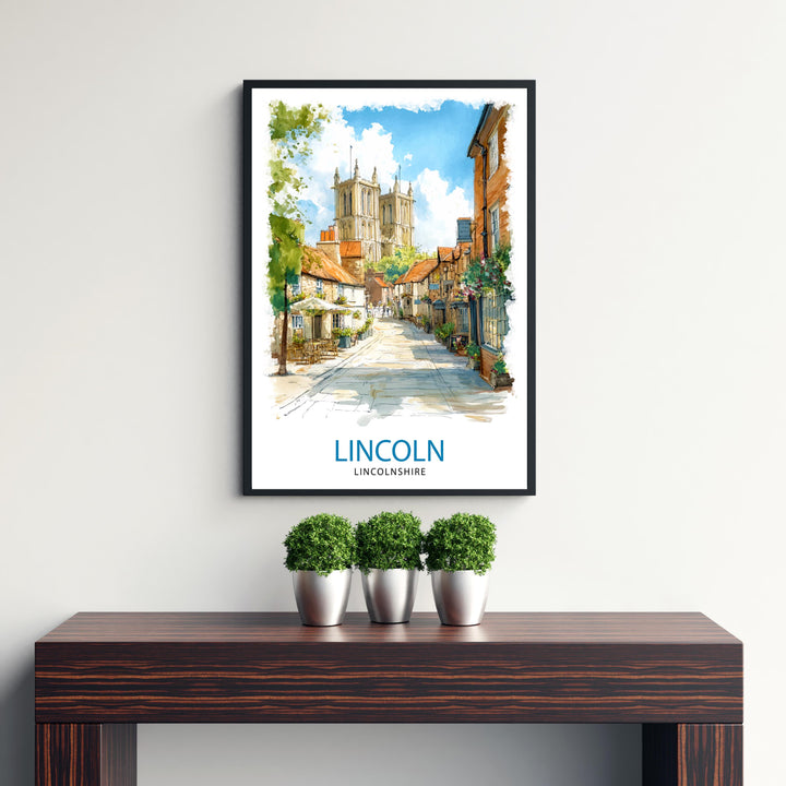 Lincoln Cathedral Watercolor Art Print, UK Cityscape Painting, Steep Hill Wall Decor, Medieval History Gift
