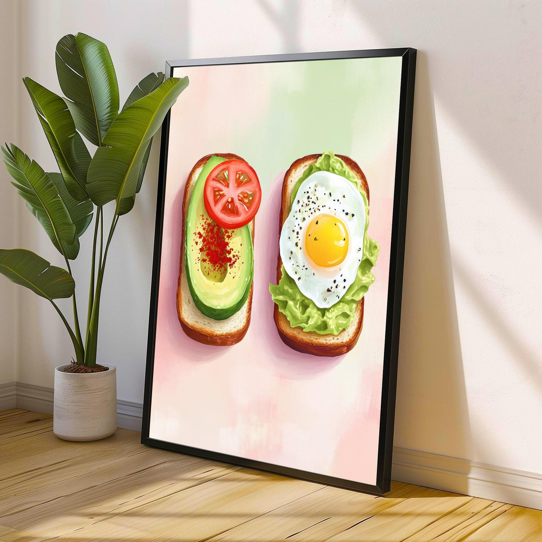 Avocado and Fried Egg Toast Poster Modern Brunch Kitchen Art Bold Foodie Wall Print with Tomato and Lettuce