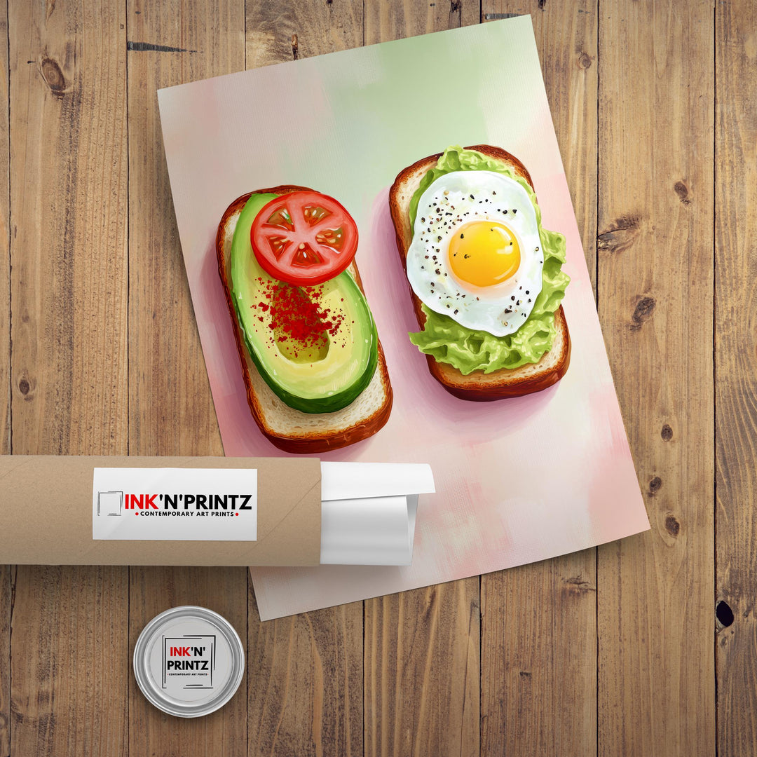 Avocado and Fried Egg Toast Poster Modern Brunch Kitchen Art Bold Foodie Wall Print with Tomato and Lettuce