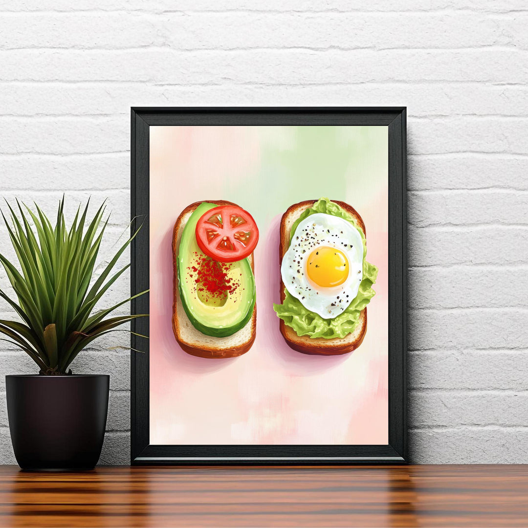 Avocado and Fried Egg Toast Poster Modern Brunch Kitchen Art Bold Foodie Wall Print with Tomato and Lettuce