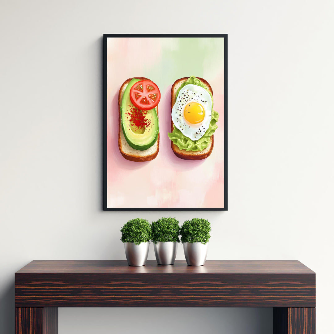Avocado and Fried Egg Toast Poster Modern Brunch Kitchen Art Bold Foodie Wall Print with Tomato and Lettuce