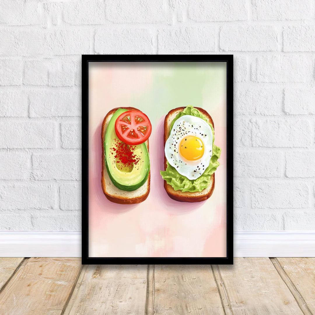 Avocado and Fried Egg Toast Poster Modern Brunch Kitchen Art Bold Foodie Wall Print with Tomato and Lettuce