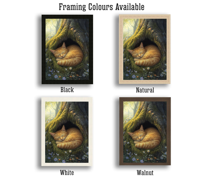 Sleeping Ginger Cat in Mossy Tree Hollow Poster Cottagecore Woodland Animal Print for Cozy Home Decor