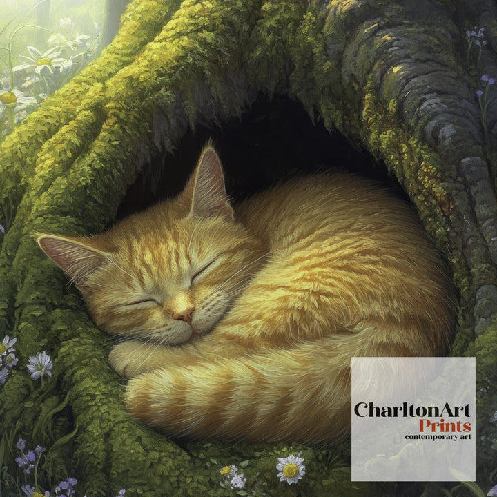 Sleeping Ginger Cat in Mossy Tree Hollow Poster Cottagecore Woodland Animal Print for Cozy Home Decor