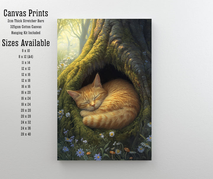 Sleeping Ginger Cat in Mossy Tree Hollow Poster Cottagecore Woodland Animal Print for Cozy Home Decor